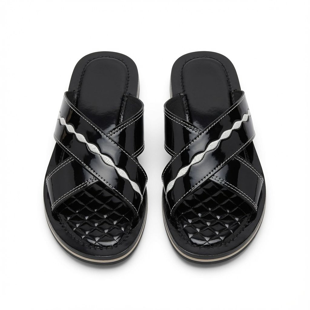 Mens Classic Black Glossy Cross Strap Slide Sandals